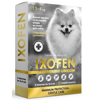 Капли IXOFEN против иксодовых клещей, блох и комаров для собак весом 1,5–4 кг (3 капли по 0,4 мл)