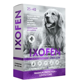 Капли IXOFEN против иксодовых клещей, блох и комаров для собак весом 25–40 кг (2 пипетки по 4 мл)