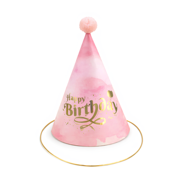 Колпаки Праздничные Бумажные Happy Birthday 18см С украшением Розовый