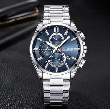 Мужские наручные часы Curren 8475 Silver Blue кварцевые с хронографом на металлическом браслете