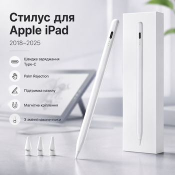 Стилус для Apple iPad 2018-2025 – быстрая зарядка Type-C, Palm Rejection, наклон, магнитное крепление