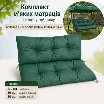 Комплект мягких матрасов на садовые качели 130*50*50, каретная стяжка на пуговицах, зеленый