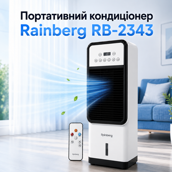 Портативный кондиционер Rainberg RB-2343 с функциями охлаждения, увлажнения и вентиляции воздуха, сенсорным управлением, пультом ДУ, резервуаром 2,2 л и 3 режимами работы для дома и офиса