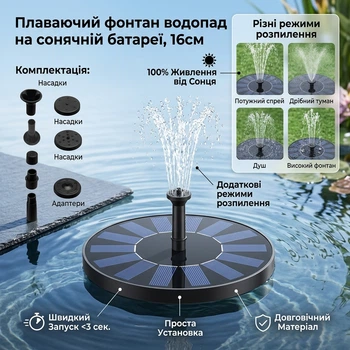 Плавающий фонтан водопад для сада на солнечной батарее 16см