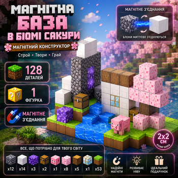Магнітний конструктор Майнкрафт Minecraft (1292) Сакура і пригоди 128 деталей 6 фігурок магнітні кубики блоки набір