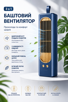 Башенный портативный вентилятор 3-в-1 с аккумулятором, USB Type-C, 3 скорости, синий.
