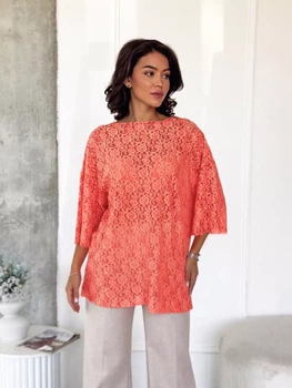 Стильная кружевная туника блузка oversize Innoe 230241-1, р. 48-50 Оранжевый