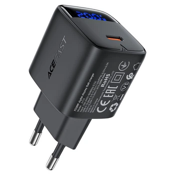 Сетевое зарядное устройство AceFast A113 PD20W GaN с LED-дисплеем (Type-C, QC4, PD3.0). Black