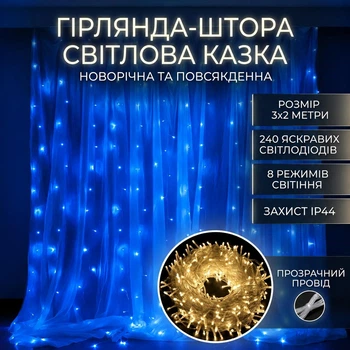 Гірлянда-штора на 3х2 м для декору дому на прозорому проводі від мережі, Синій