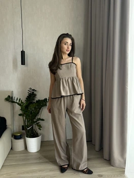 Костюм женский прогулочный, льняной топ+штаны кофейного цвета 38759 42/44