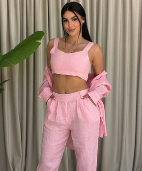 Жіночий однотонний лляний костюм (сорочка+топ+брюки) Uaclothes 50-52 Рожевий (like38801-192361358)