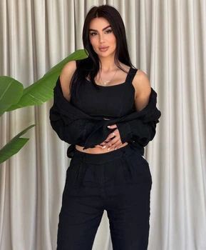 Жіночий однотонний лляний костюм (сорочка+топ+брюки) Uaclothes 48-50 Чорний (like38803-192381371)