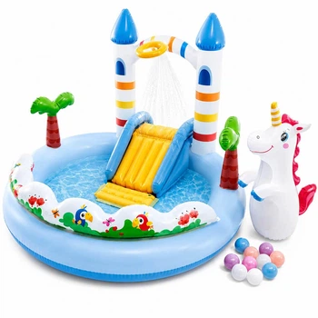 Надувной игровой центр Intex «Замок единорога» 196×178×127 см, детский бассейн с горкой и фонтаном, 234 л, до 54 кг, от 2 лет