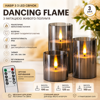 Набор из 3 LED свечей Dancing Flame Premium 75×100/125/150 мм с имитацией живого пламени, пультом дистанционного управления, таймером, в графитовом стекле