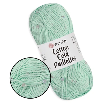 YarnArt Cotton Gold Paillettes, М'ята №7112 — бавовняна пряжа з паєтками для в'язання спицями та гачком, 50 г/140 м, 82% бавовна / 18% поліестер