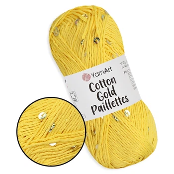 YarnArt Cotton Gold Paillettes, Желтый №7106 – хлопковая пряжа с пайеткой для вязания спицами и крючком, 50 г/140 м, 82% хлопок / 18% полиэстер