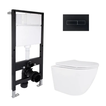 Комплект инсталляции Qtap Standard с подвесным унитазом Qtap Robin Ultra Quiet, безободковый, с черной линейной клавишей, белый