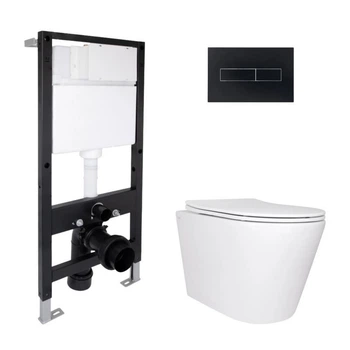 Комплект инсталляции Qtap Standard с подвесным безободковым унитазом Qtap Scorpio Ultra Quiet, матовая черная клавиша смыва