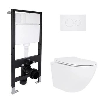 Комплект инсталляции Qtap Standard и подвесной унитаз Jay Ultra Quiet с безободковой чашей, сиденьем Durasoft и круглой панелью