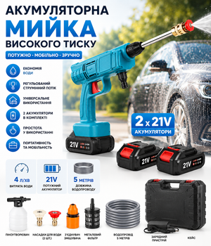 Акумуляторна мийка високого тиску + 2 акумулятори 21V, Синя/Атомобільна мінімийка/ Розпилювач пістолет
