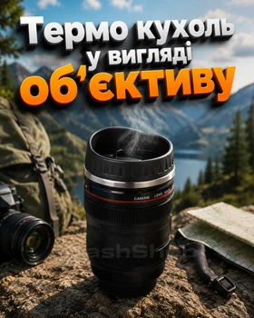 Термо кружка в виде объектива Canon 250 мл, универсальная для гарячих и холодных напитков (пластик, металл, черная)