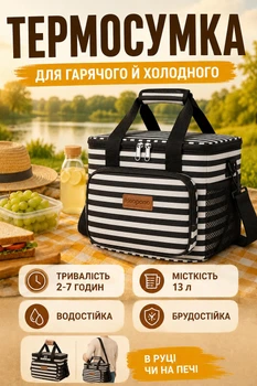 Термосумка-холодильник для еды, продуктов, обеда, пикника и ланч-бокса на работу или пляж (изотермический ланчбег) 13 л, ч/б полоска
