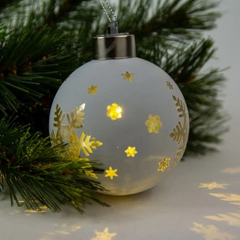 Елочный стеклянный шарик 8 см белый с LED подсветкой снежинка