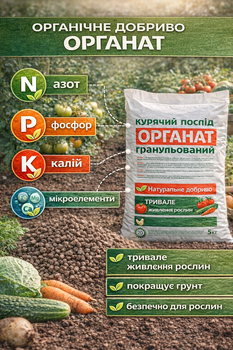 Органат 12кг гранулированный куриный помет универсальное органическое удобрения для сада и огорода