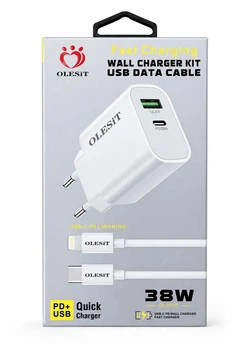 Зарядний пристрій OLESIT 38W: адаптер USB/Type-C + кабель Type-C to Lightning