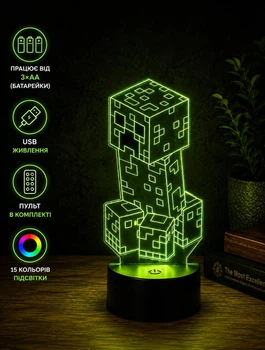 Светильник ночник детский на подарок ребенку с пультом «Крипер Minecraft» 3D лампа с Led-подсветкой (7 цветов 4 режима) (3DP061)