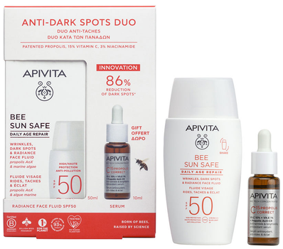 Zestaw do pielęgnacji twarzy Apivita Bee Sun Safe Krem-fluid przeciwstarzeniowy Spf 50 50 ml + Serum korygujące C15 z propolisem 10 ml (5201279108014)