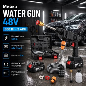 Мойка высокого давления Water Gun 48V с двумя аккумуляторами, 300 Вт, шлангом 5 м и кейсом для мойки автомобиля