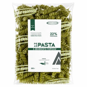 Макарони без глютену із зеленого гороху спіральки, "PASTA" ТМ Healthy Generation, 300 г