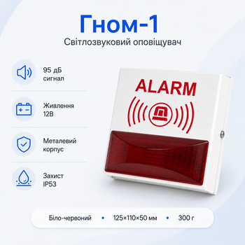 Світлозвуковий оповіщувач Гном-1 для пожежної та охоронної сигналізації 12В 95 дБ Білий