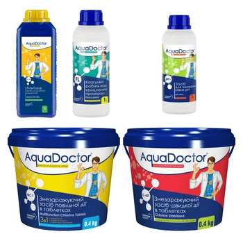 Набір хімії для басейну AquaDoctor 5 в 1 (Альгіцид, Рідкий pH Minus та Коагулянт, Хлор швидкої та повільної дії)