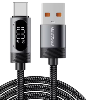 Кабель Essager USB-A to Type-C 100W 7A сірий з LED-дисплеєм, швидка зарядка та передача даних