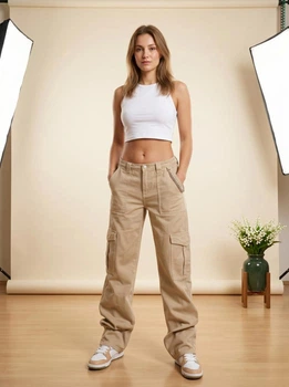Штани карго жіночі PrettyLittleThing wide leg низька посадка бежеві 42