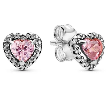 Серебряные серьги гвоздики Розовое Блестящее Сердце в стиле Pandora 925 пробы, серьги-пусеты с розовым камнем в фирменной упаковке