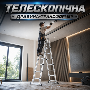 Телескопическая лестница-трансформер 4,2 м (2,1+2,1 м) 3-в-1, грузоподъемностью до 150 кг, со стальным и алюминиевым каркасом для ремонта, строительства и монтажных работ