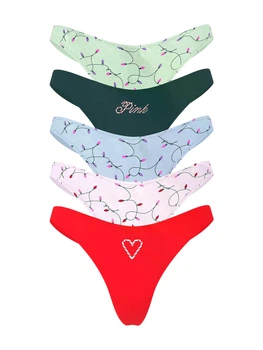Набір трусиків жіночих бавовняних PINK Victoria's Secret 5-Pack Cotton Thong Panties Holiday Lights Pack, М