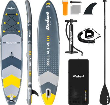 Надувная SUP доска Rebel ACTIVE 350 x 81 x 15 см с веслом, насосом и сумкой для хранения Серая RBA4500 (5901890102711)