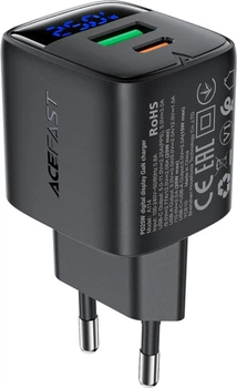 Сетевое зарядное устройство Acefast A114 PD25W GaN charger (USB-A+USB-C) with digital display Black (6974316284437)