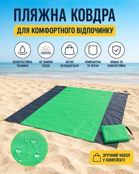 Килимок туристичний для пляжу з фіксаторами в чохлі 210*200 см Чорно-Зелений