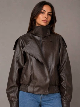 Куртка жіноча Lady Yep 30581 з екошкіри косуха оверсайз S коричнева