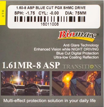 Фотохромная линза для очков BIOMAX Ind. 1,61 MR-8 Ø75-70 асферическая с дополнительным покрытием Blue Cut