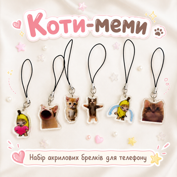 Набор акриловых брелоков для телефона Коты мемы Pop Cat, Standing Cat, Banana Cat Love, Crying Banana Cat, рыжий мем 6 шт