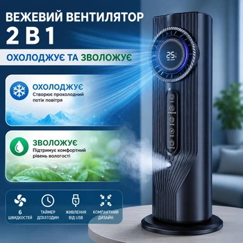 Настольный, колонный вентилятор-охладитель воздуха 2 в 1 USB с увлажнением, 6 скоростей, Led подсветка и таймер 12 часов, черный