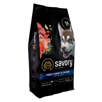 Сухий корм Savory Dog Junior Large Brred rich in Fresh Turkey and Chicken для юніорів великих порід, з індичкою і куркою 12 кг (30211)