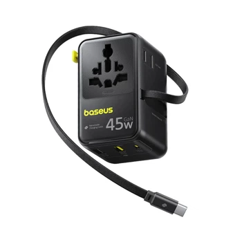 Адаптер подорожній Baseus PicoGo AG11 45W 6в1 зі згортуваним кабелем USB-C Black (6942521203475)