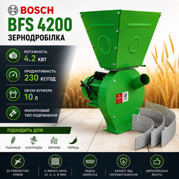 Зернодробарка електрична 4.2 кВт 220В 230 кг/год молоткова для зерна та кукурудзи з 4 ситами зелена